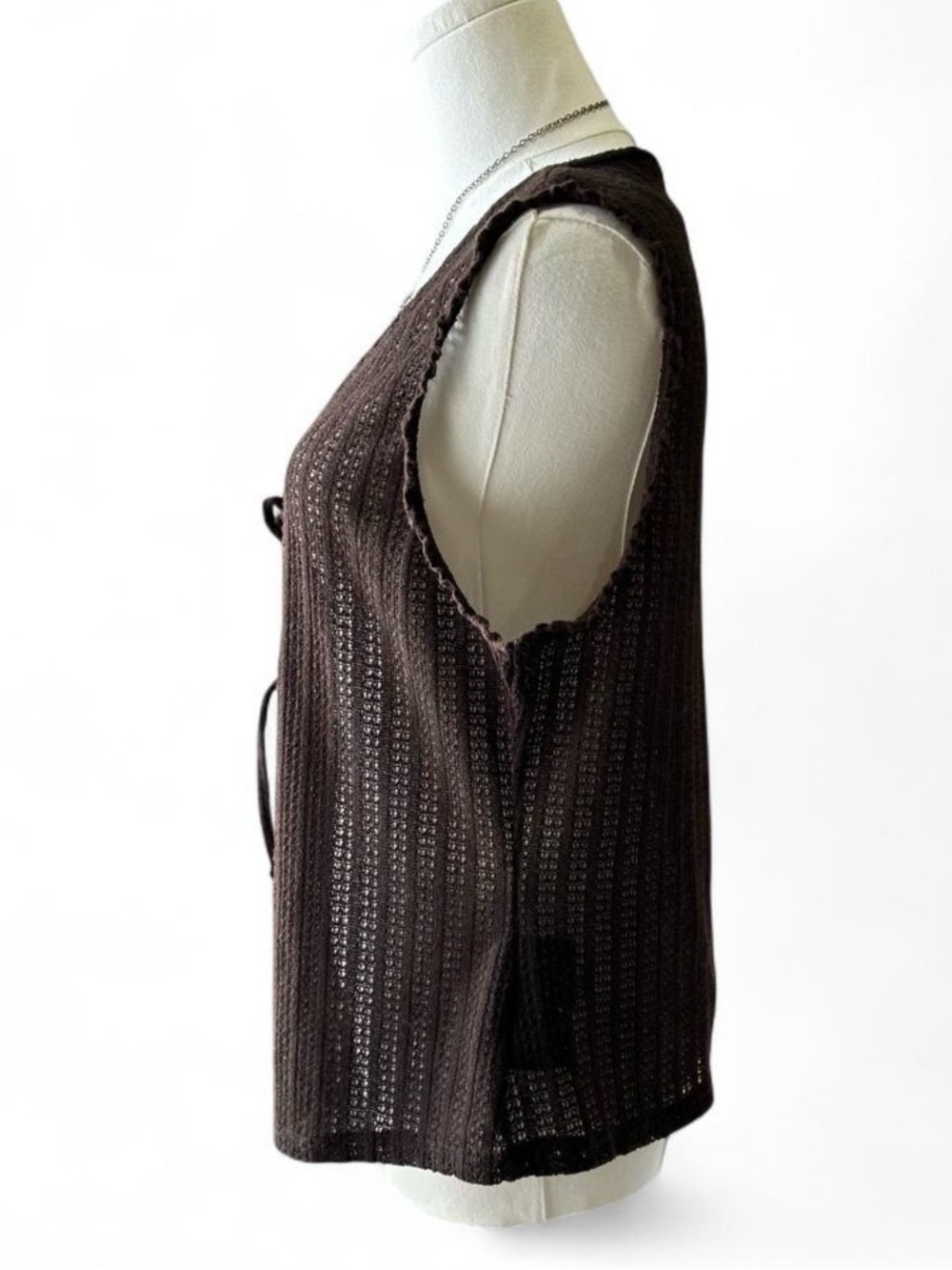 y2k Knit Boho Tie Front V-neck Sleeveless Mesh Dark Brown Woman's Size XL - Picture 5 of 8